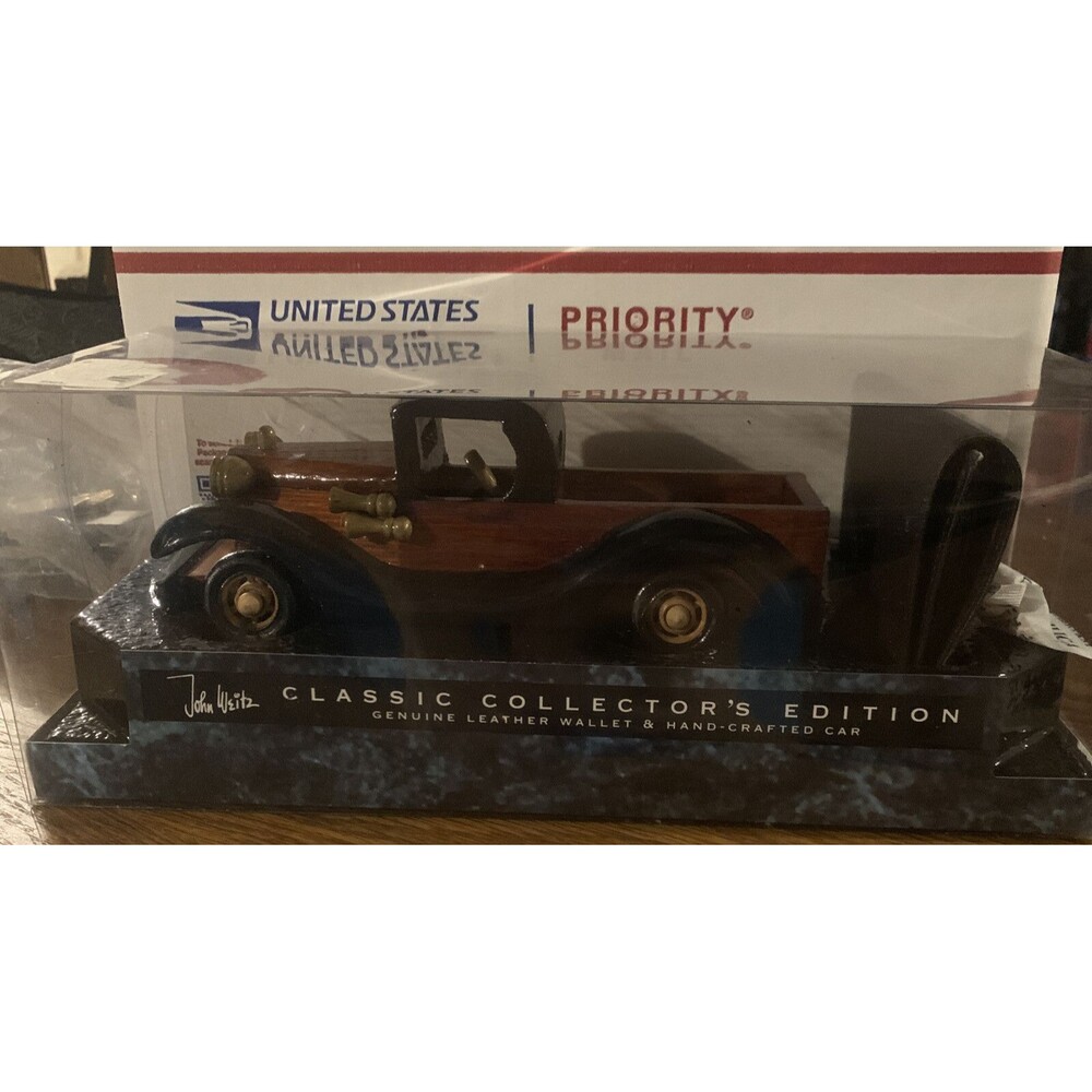 John Weitz Collector Edition Hand Crafted Toy Wood Car & Genuine Leather Wallet